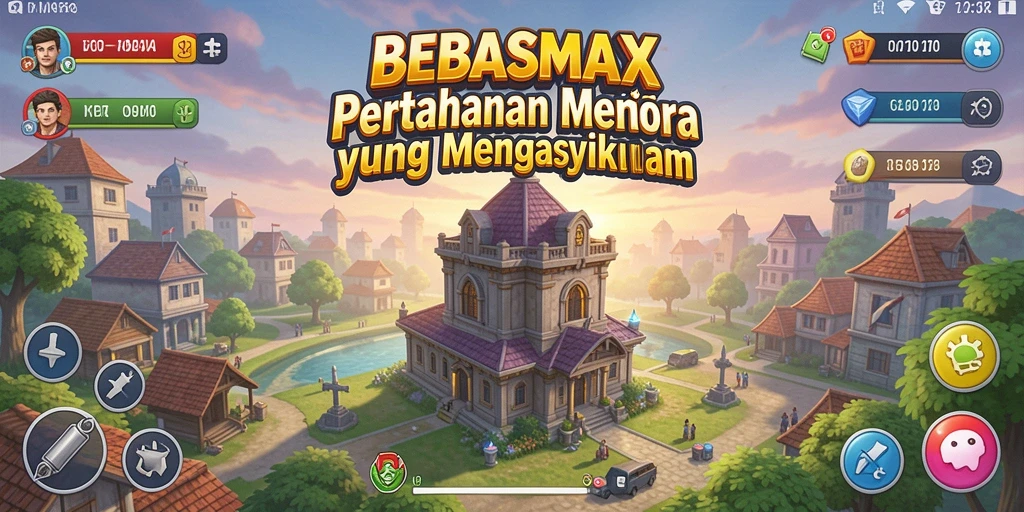 Tangkapan layar gameplay Tower Defense dengan menara yang beragam.