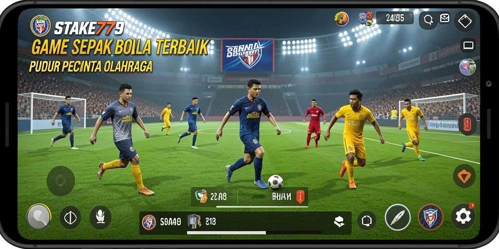 Screenshot utama yang menunjukkan aksi seru dalam permainan sepak bola.